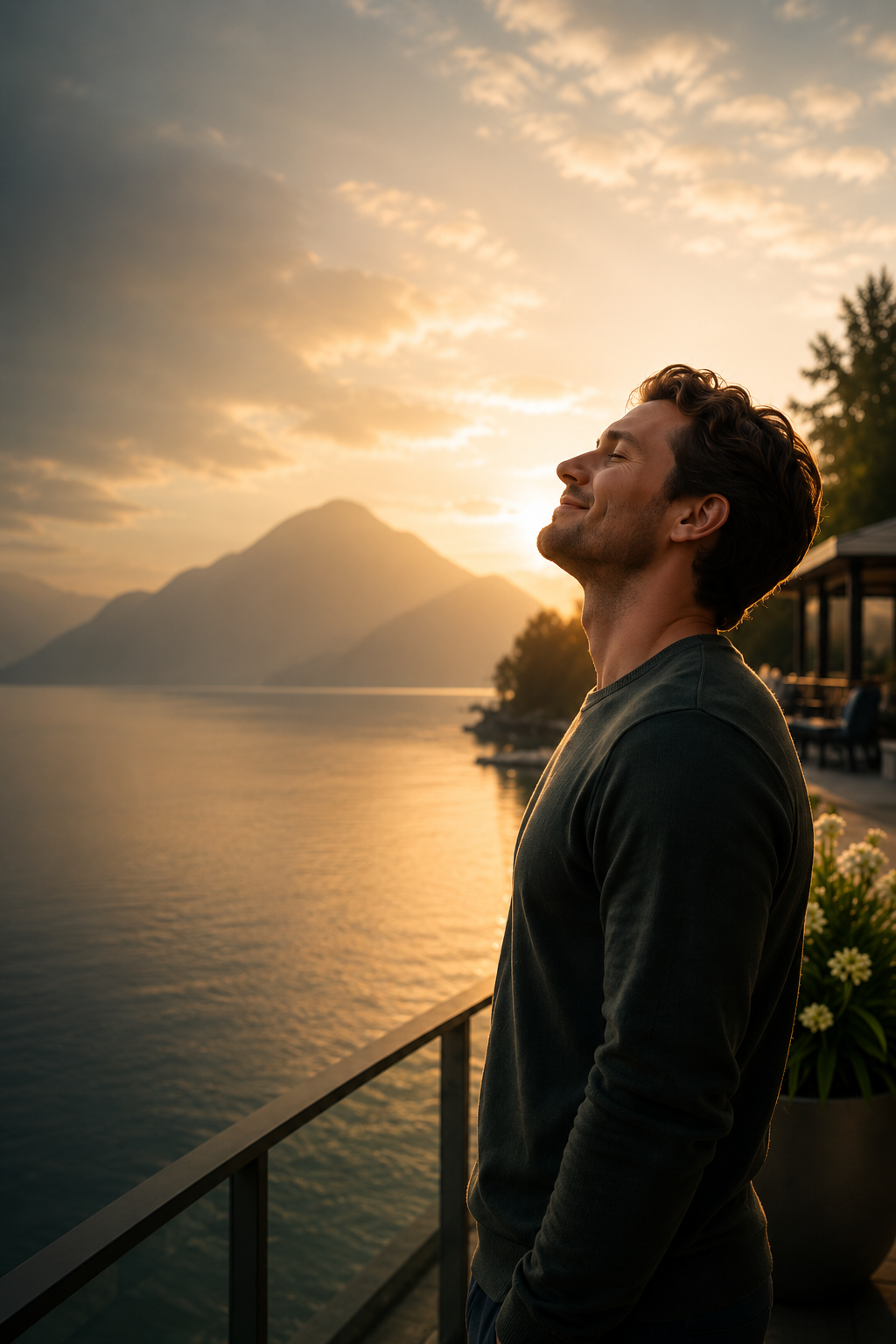 Client enjoying peace of mind at sunset overlooking the lake